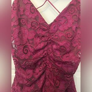 Women’s Burgundy Lace Bodysuit Lined Front Sheer Back and Bottom Size Small